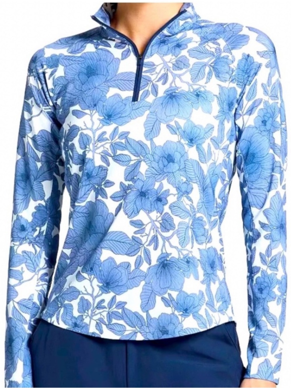 Walter Hagen P11 UPF 50+ Floral Blooms Quarter Zip Golf Pullover NWT Blue White